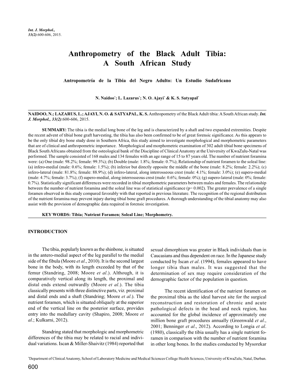 Anthropometry of the Black Adult Tibia: a South African Study