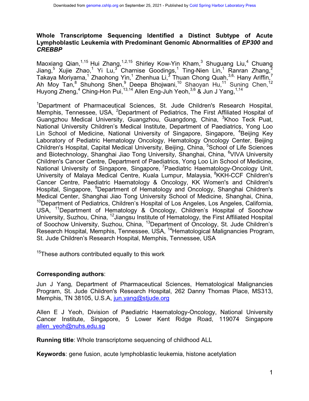 Whole Transcriptome Sequencing Identified a Distinct Subtype of Acute Lymphoblastic Leukemia with Predominant Genomic Abnormalities of EP300 and CREBBP