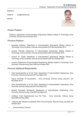 Dr. S.Srinivasan Professor, Department of Instrumentation Engineering