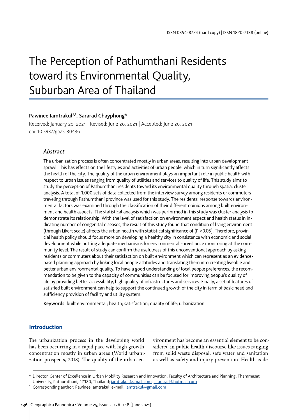 The Perception of Pathumthani Residents Toward Its Environmental Quality, Suburban Area of Thailand