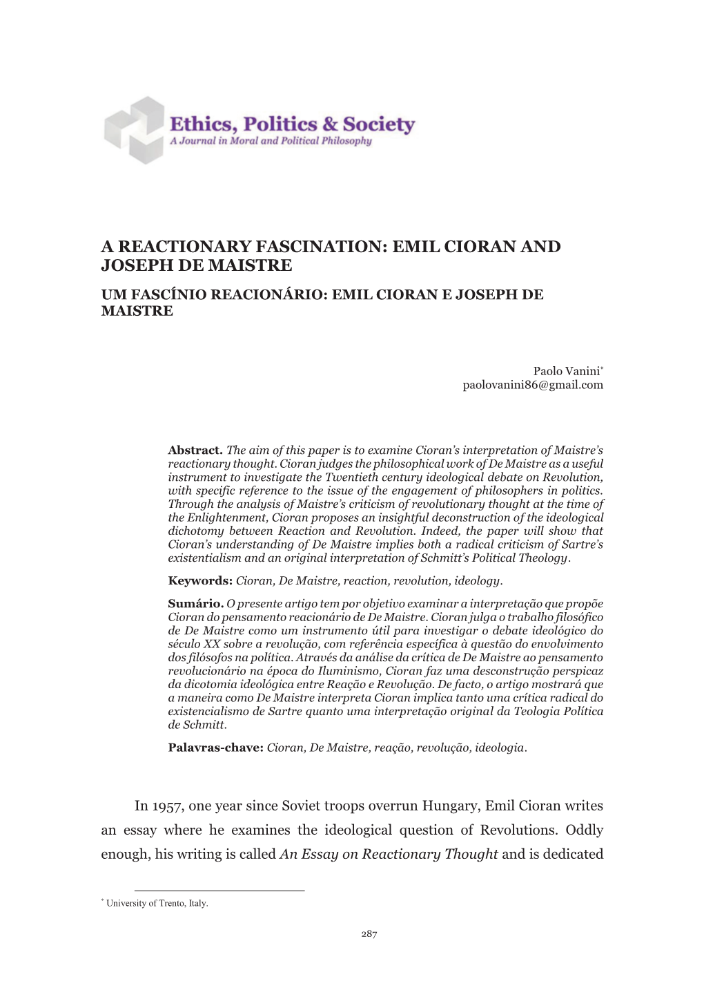 Emil Cioran and Joseph De Maistre Um Fascínio Reacionário: Emil Cioran E Joseph De Maistre