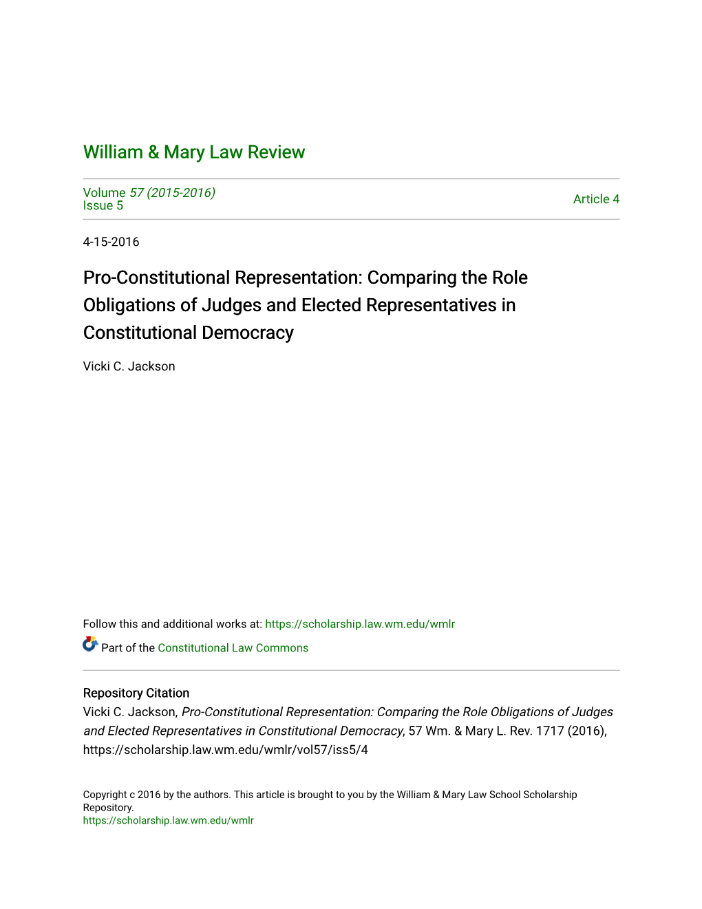 Pro-Constitutional Representation: Comparing the Role Obligations of Judges and Elected Representatives in Constitutional Democracy