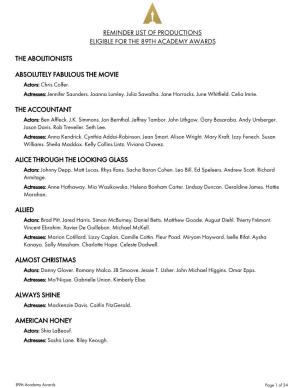 Reminder List of Productions Eligible for the 89Th Academy Awards
