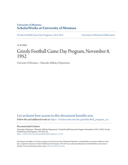 Grizzly Football Game Day Program, November 8, 1952 University of Montana—Missoula