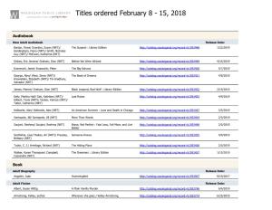 Titles Ordered February 8 - 15, 2018