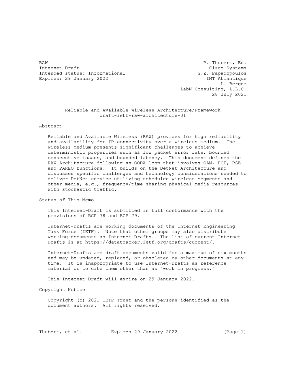 RAW P. Thubert, Ed. Internet-Draft Cisco Systems Intended Status: Informational G.Z