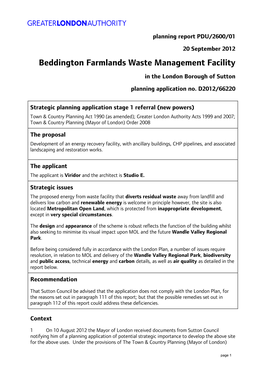 Beddington Farmlands Waste Management Facility in the London Borough of Sutton Planning Application No