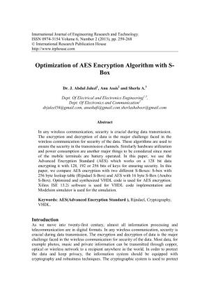 Optimization of AES Encryption Algorithm with S- Box