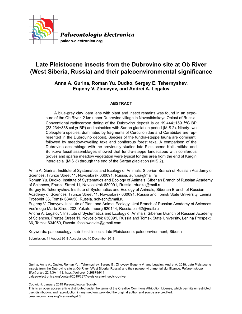 Late Pleistocene Insects from the Dubrovino Site at Ob River (West Siberia, Russia) and Their Paleoenvironmental Significance