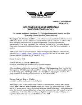 Naa Announces Most Memorable Aviation Records of 2012