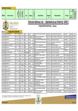 Schools Address List - Alphabetical Per District 2020 THABO MOFUTSANYANA: Schools