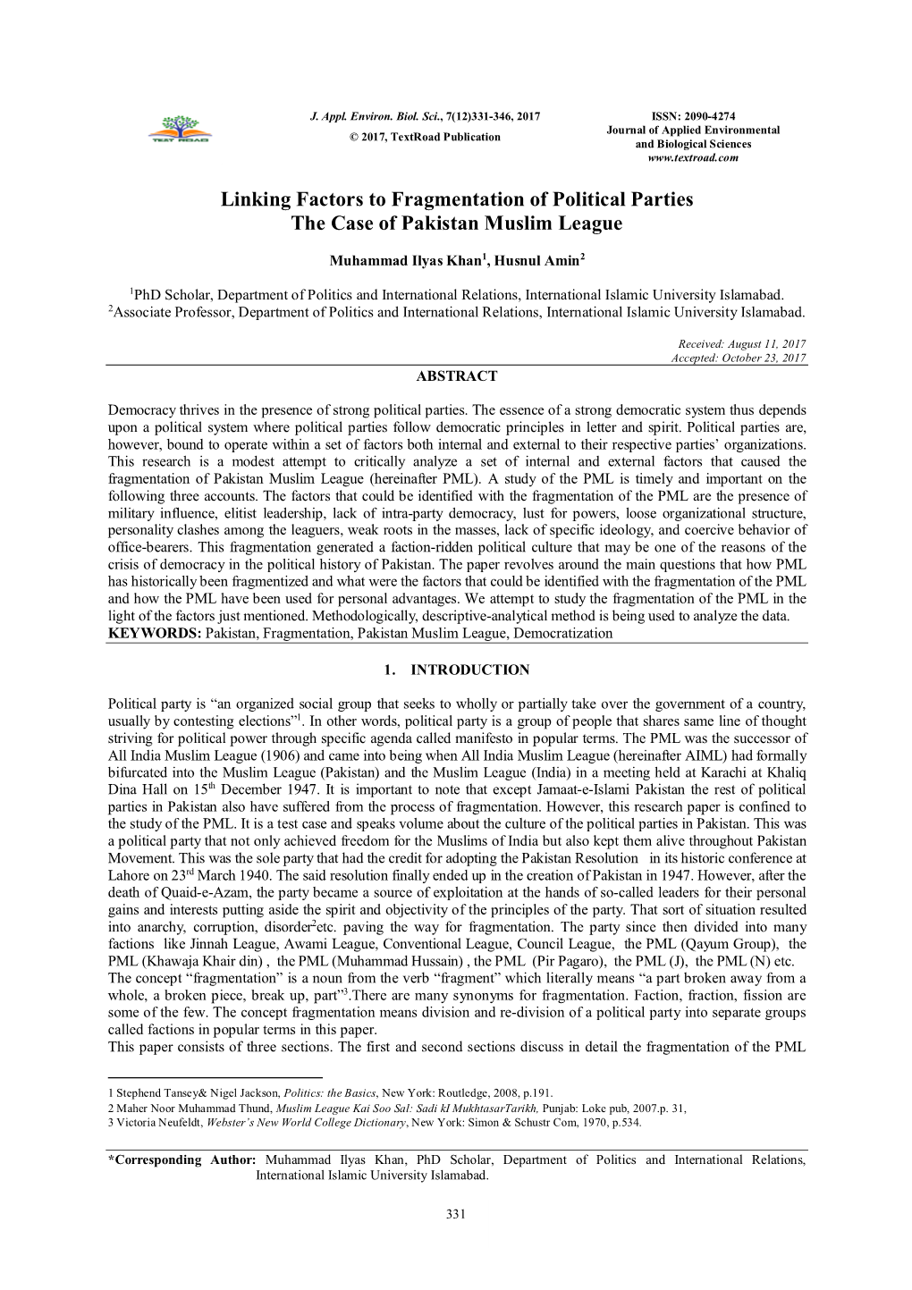 Linking Factors to Fragmentation of Political Parties the Case of Pakistan Muslim League