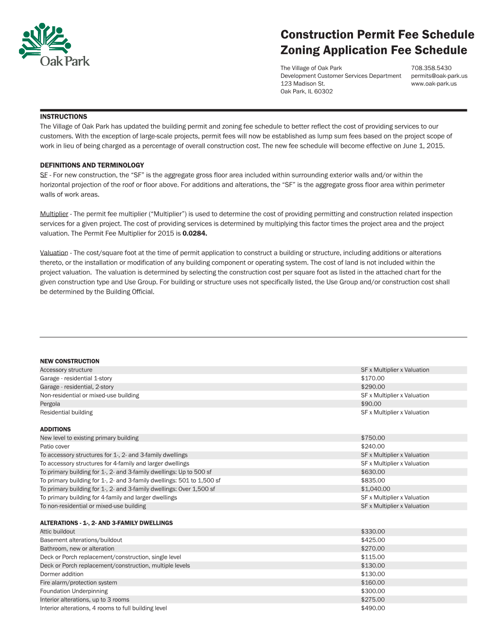 Construction Permit Fee Schedule Zoning Application Fee Schedule