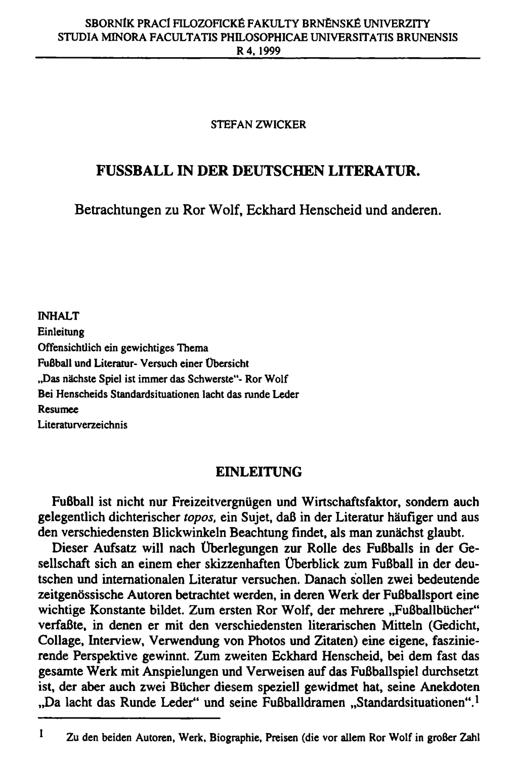 Fussball in Der Deutschen Literatur. Einleitung