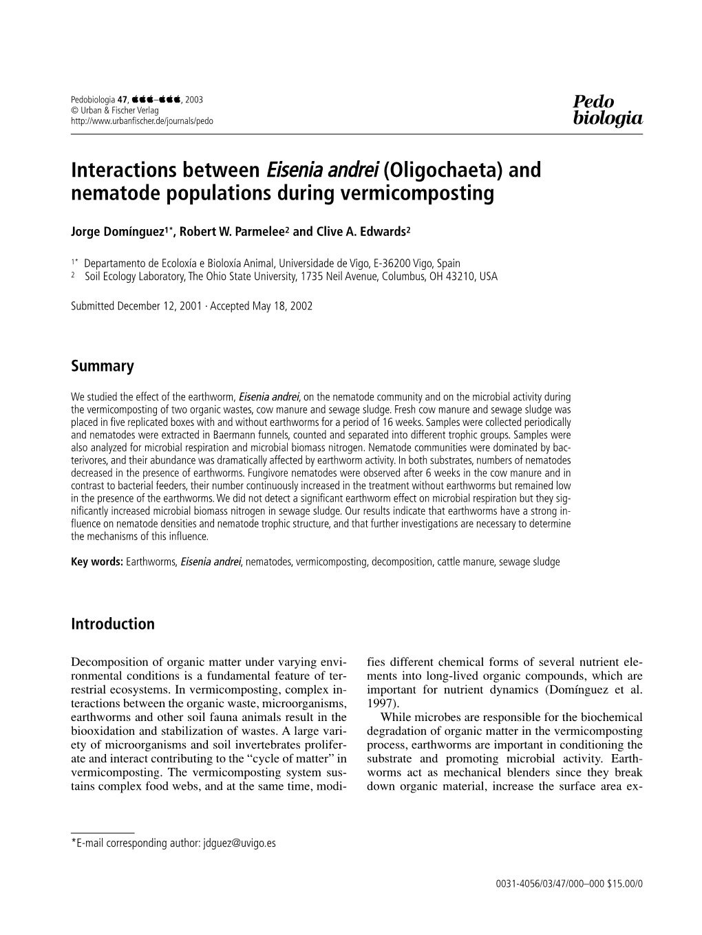 Interactions Between Eisenia Andrei (Oligochaeta) and Nematode Populations During Vermicomposting