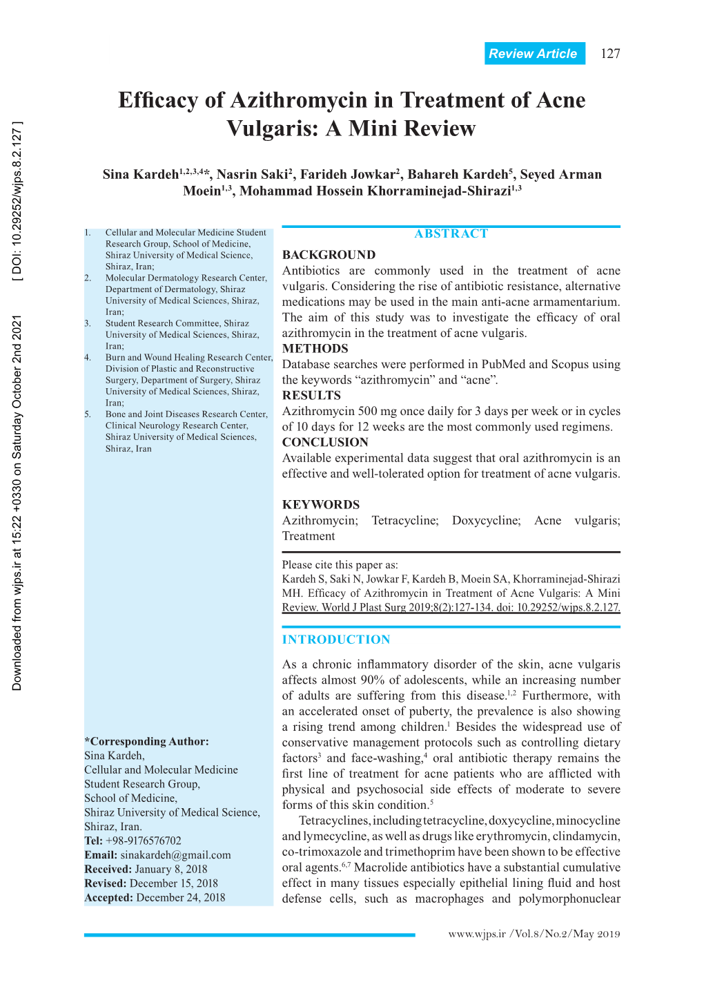 Efficacy of Azithromycin in Treatment of Acne Vulgaris: a Mini Review