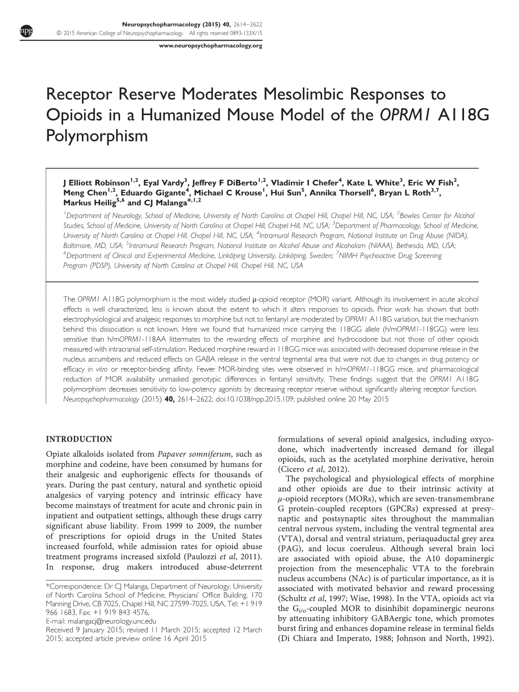 Receptor Reserve Moderates Mesolimbic Responses to Opioids in a Humanized Mouse Model of the OPRM1 A118G Polymorphism