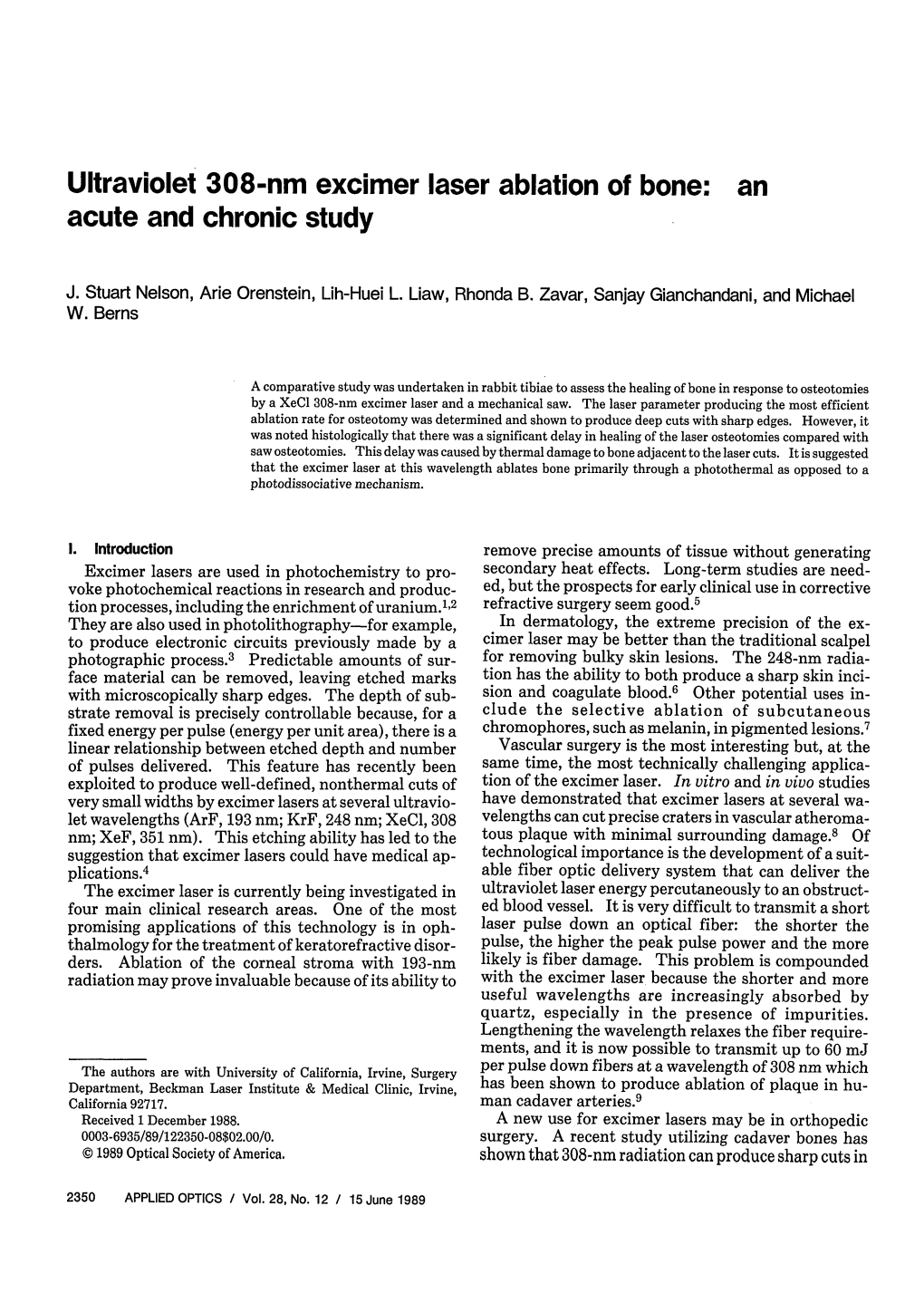 Ultraviolet 308-Nm Excimer Laser Ablation of Bone: an Acute and Chronic Study