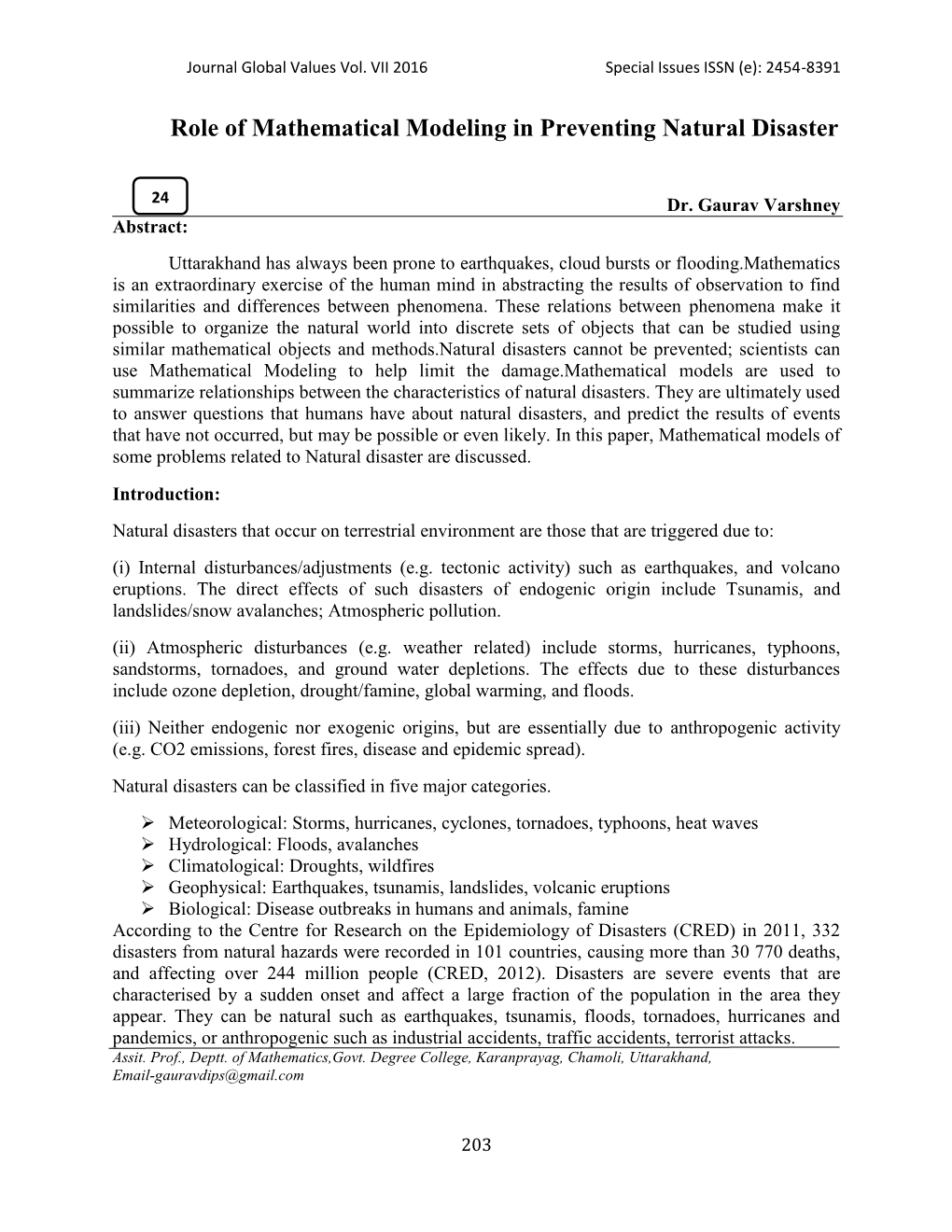 Role of Mathematical Modeling in Preventing Natural Disaster