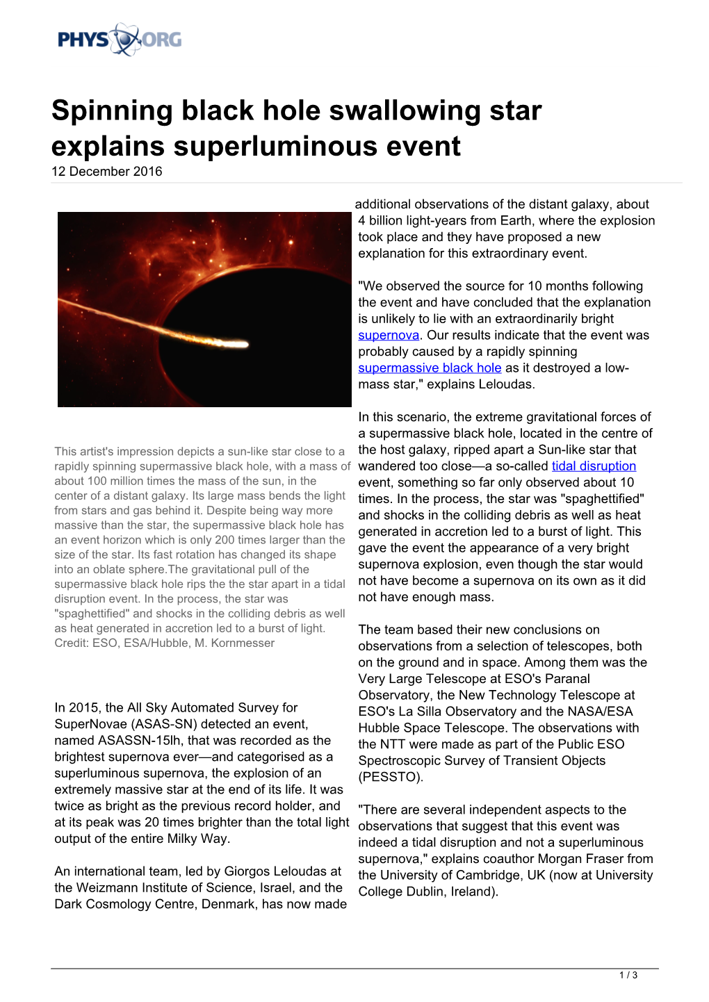 Spinning Black Hole Swallowing Star Explains Superluminous Event 12 December 2016