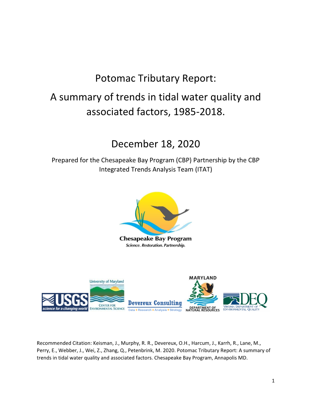 Potomac Tributary Report: a Summary of Trends in Tidal Water Quality and Associated Factors, 1985-2018