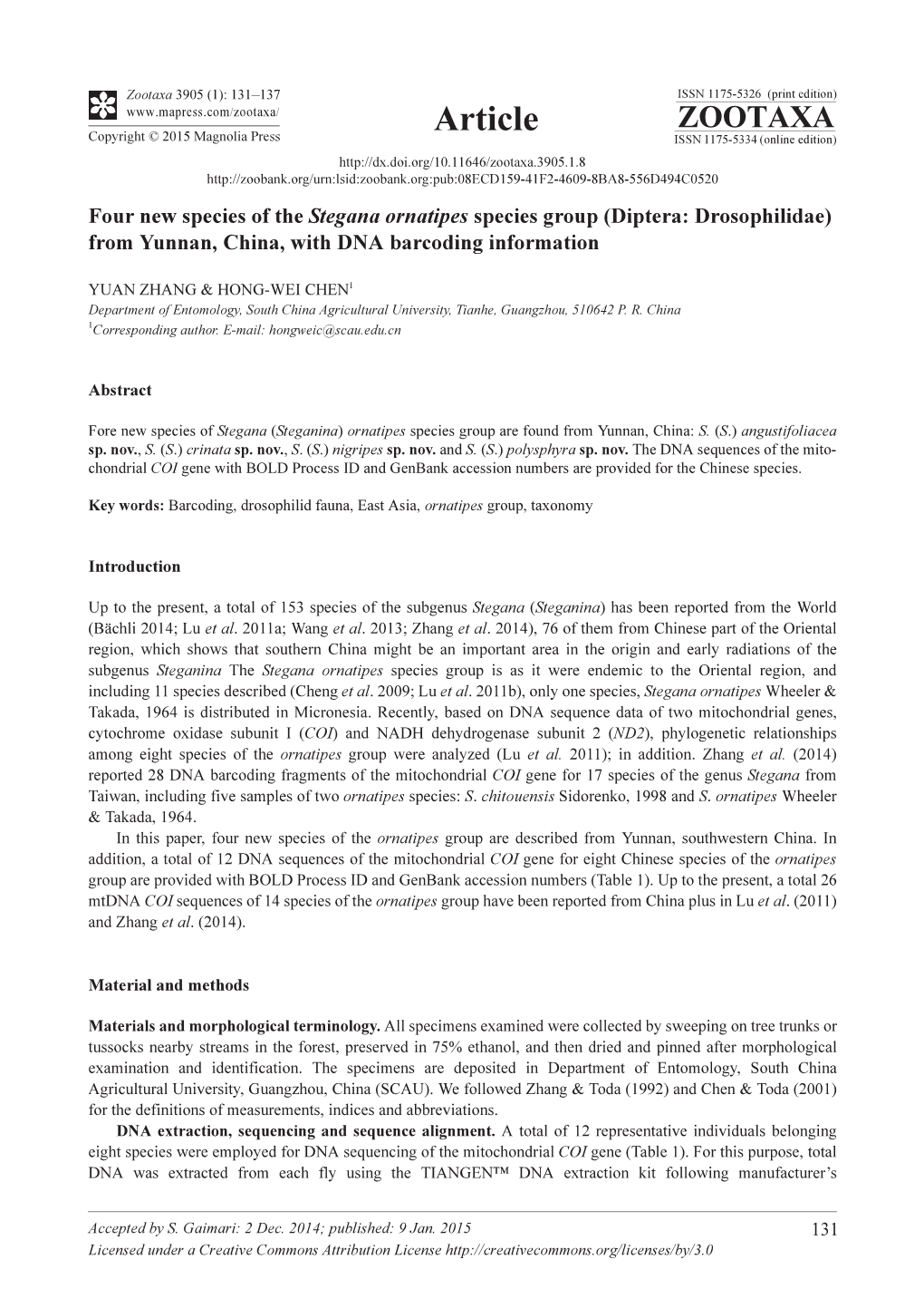 Four New Species of the Stegana Ornatipes Species Group (Diptera: Drosophilidae) from Yunnan, China, with DNA Barcoding Information