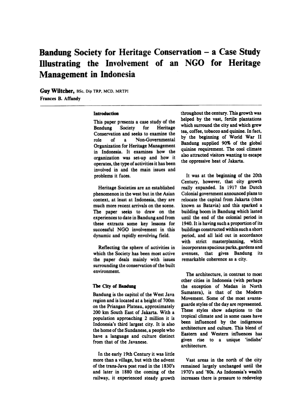 Bandung Society for Heritage Conservation -A Case Study Illustrating the Involvement of an NGO for Heritage Management in Indonesia