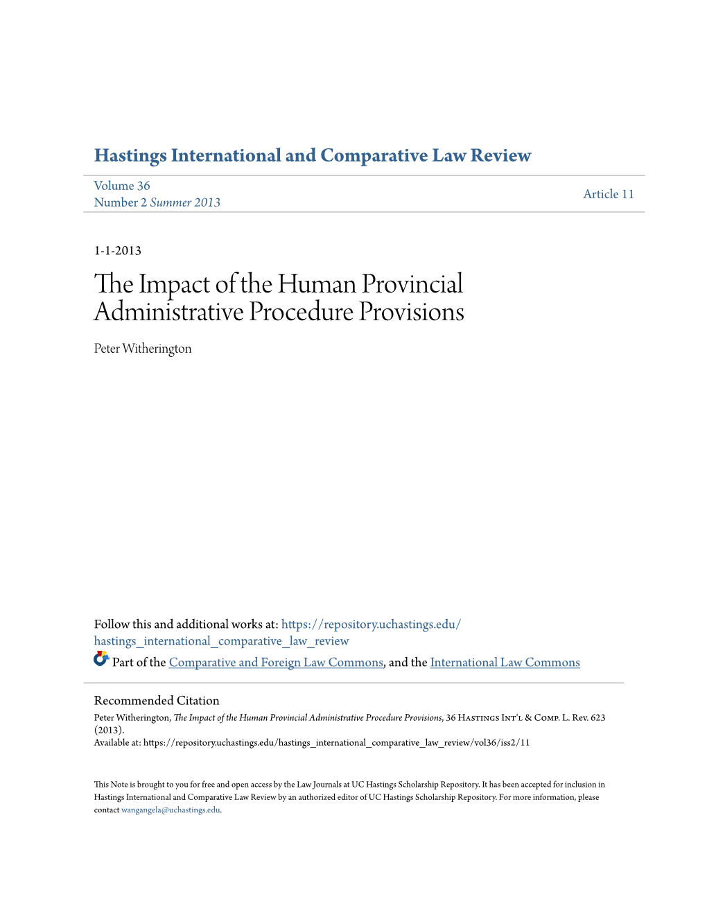 The Impact of the Human Provincial Administrative Procedure Provisions, 36 Hastings Int'l & Comp
