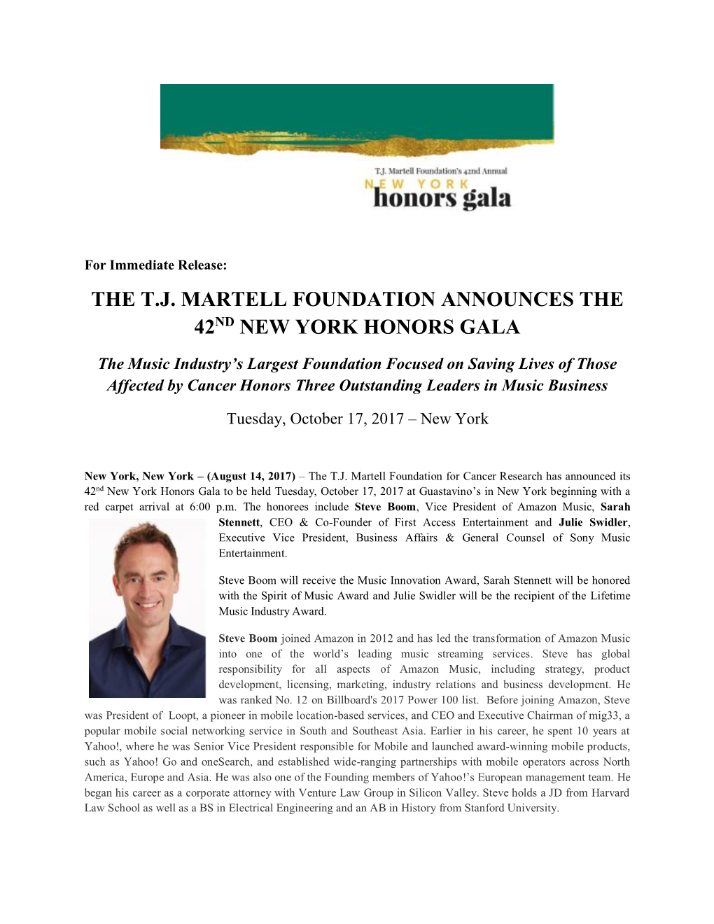 The T.J. Martell Foundation Announces the 42Nd New York Honors Gala