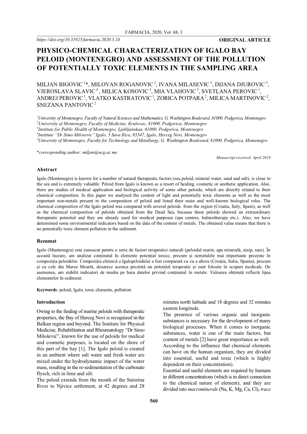 Physico-Chemical Characterization of Igalo Bay Peloid (Montenegro) and Assessment of the Pollution of Potentially Toxic Elements in the Sampling Area