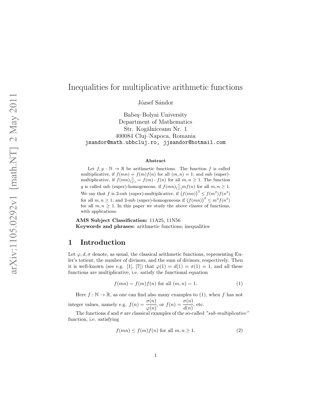 Inequalities for Multiplicative Arithmetic Functions