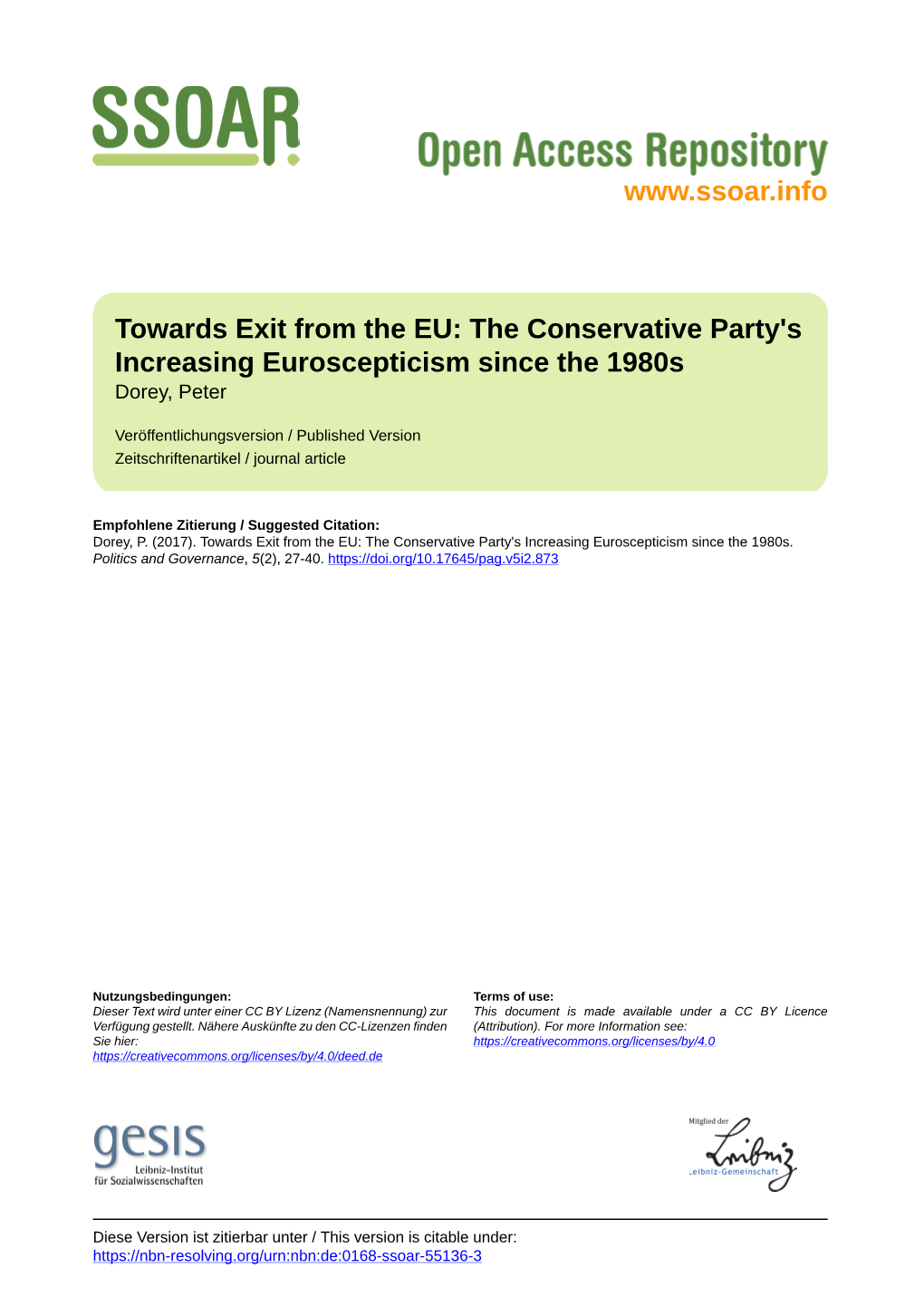 Towards Exit from the EU: the Conservative Party's Increasing Euroscepticism Since the 1980S Dorey, Peter