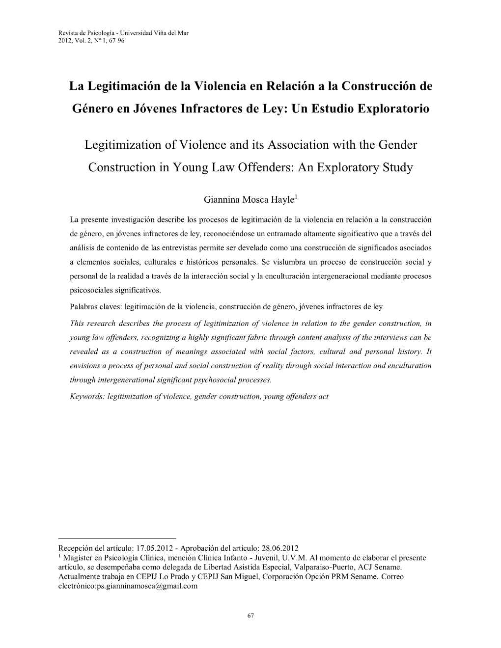 La Legitimación De La Violencia En Relación a La Construcción De Género En Jóvenes Infractores De Ley: Un Estudio Exploratorio