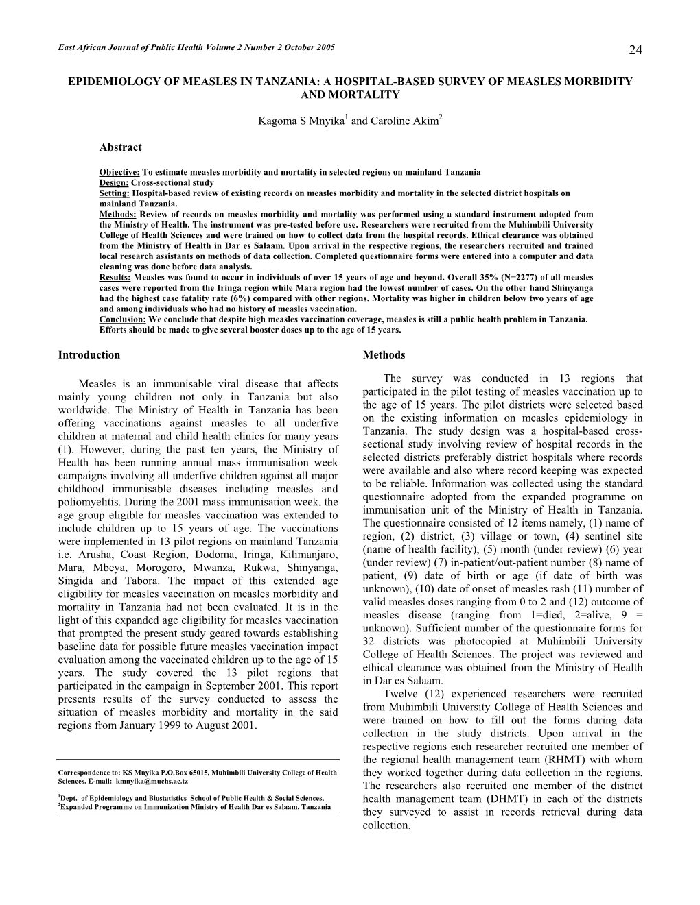 Epidemiology of Measles in Tanzania: a Hospital-Based Survey of Measles Morbidity and Mortality