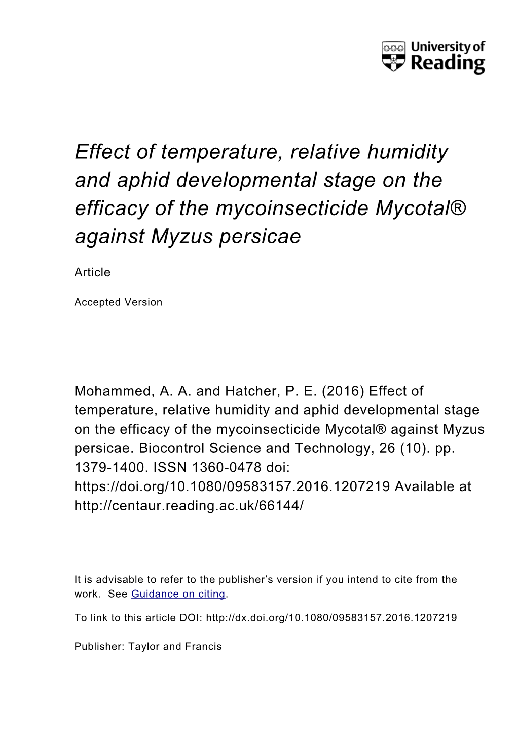 Effect of Temperature, Relative Humidity and Aphid Developmental Stage on the Efficacy of the Mycoinsecticide Mycotal® Against Myzus Persicae