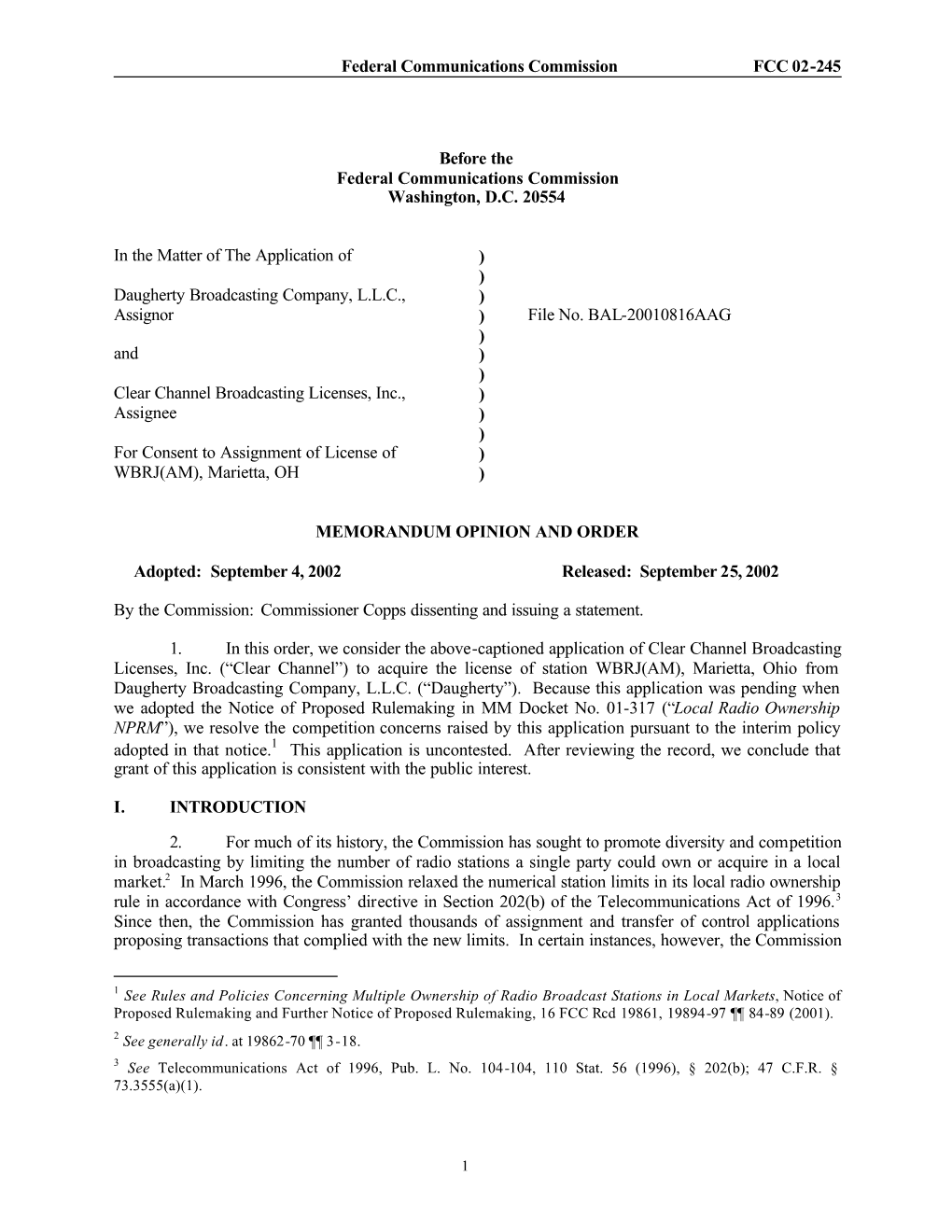 Federal Communications Commission FCC 02-245 Before the Federal