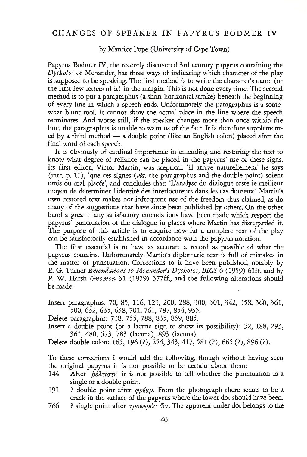 CHANGES of SPEAKER in PAPYRUS BODMER IV by Maurice Pope