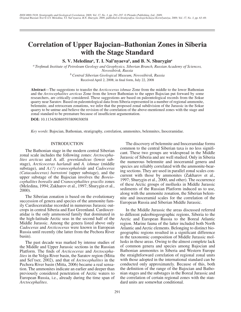 Correlation of Upper Bajocian–Bathonian Zones in Siberia With