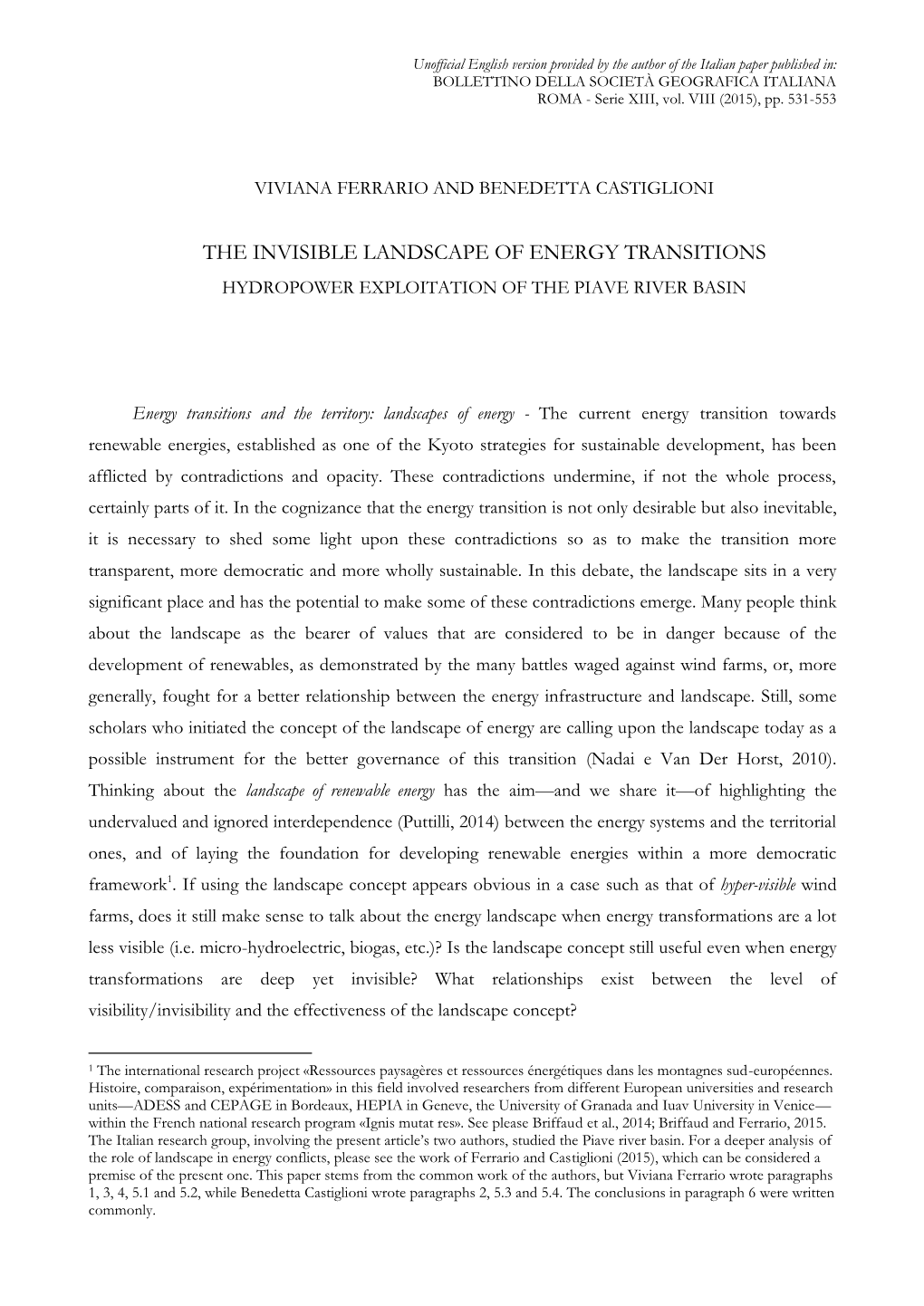 The Invisible Landscape of Energy Transitions Hydropower Exploitation of the Piave River Basin