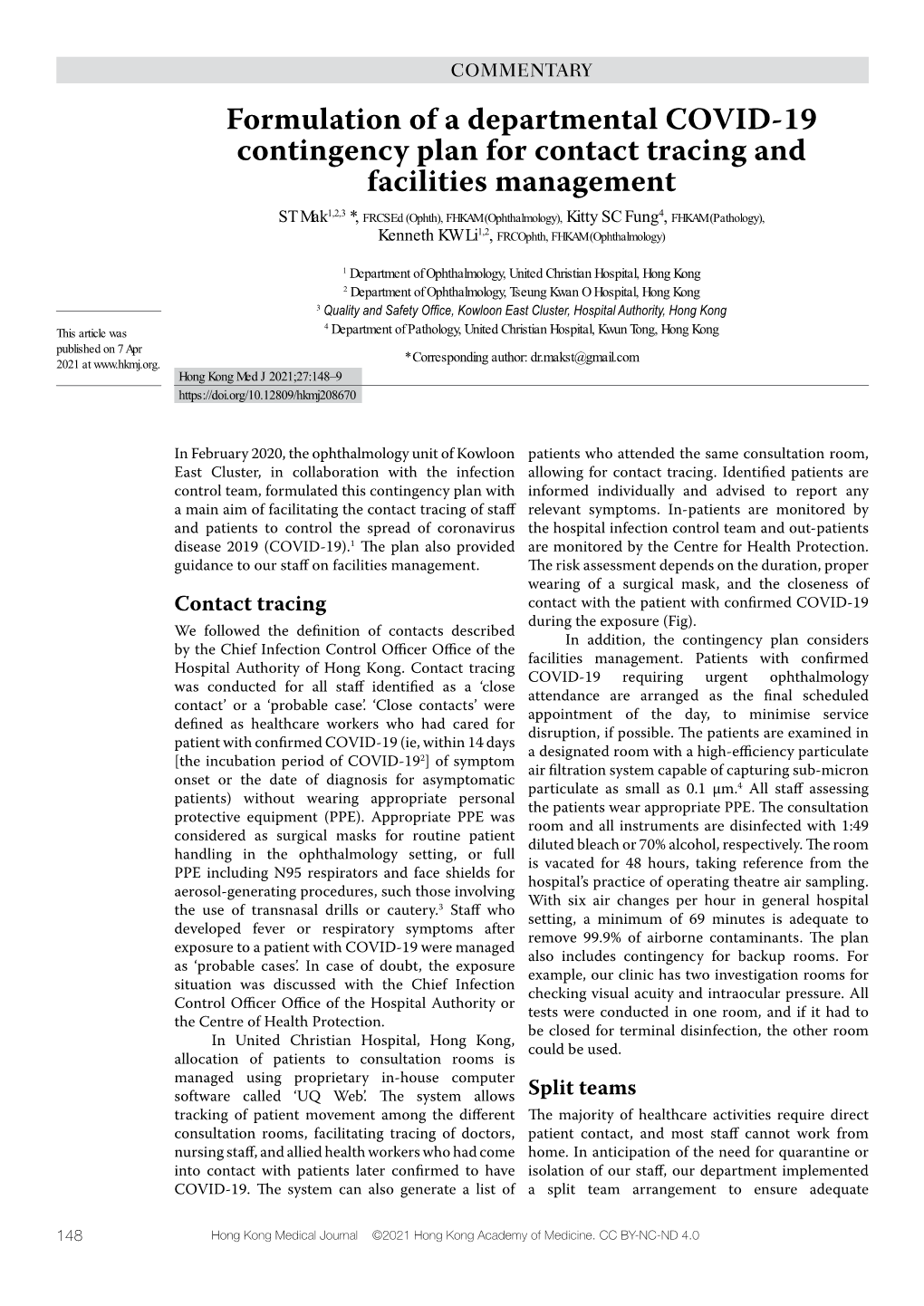 Formulation of a Departmental COVID-19 Contingency Plan For