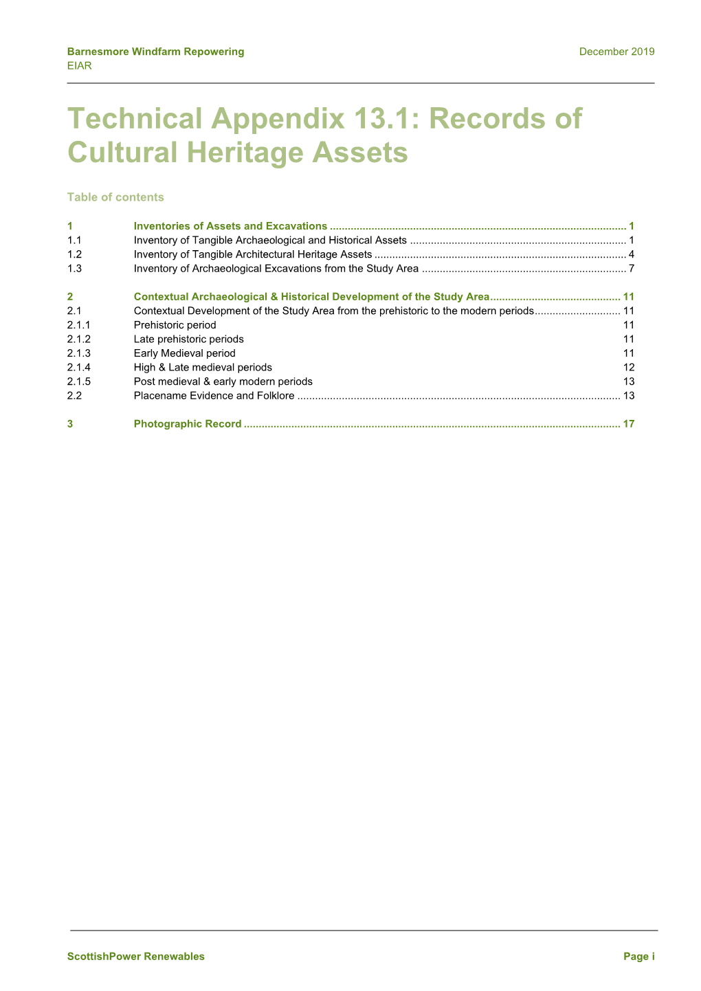 Technical Appendix 13.1: Records of Cultural Heritage Assets