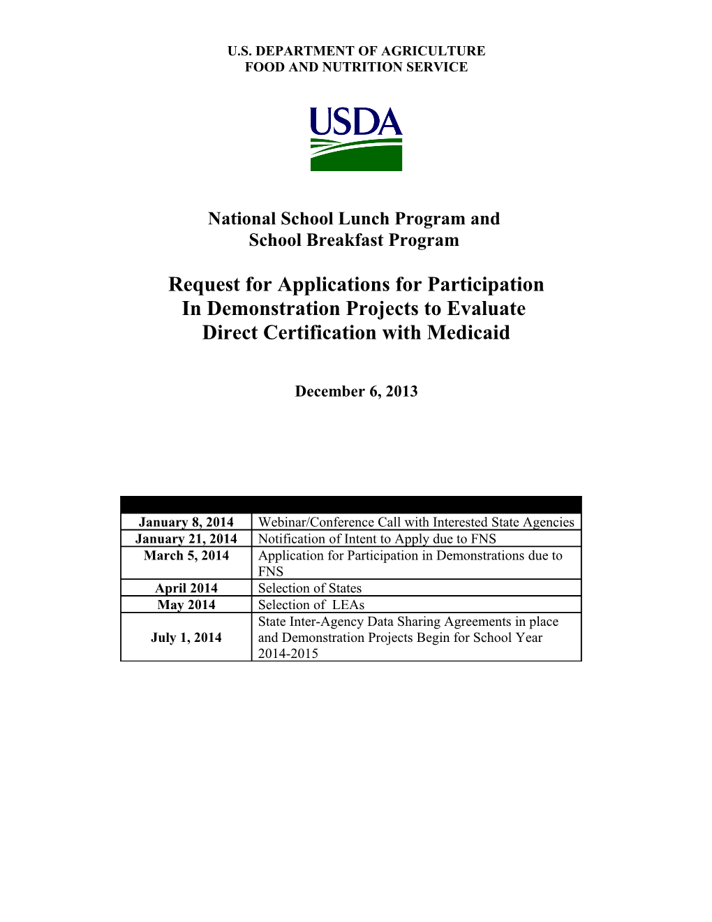 Demonstration Projects to Evaluate Direct Certification with Medicaid