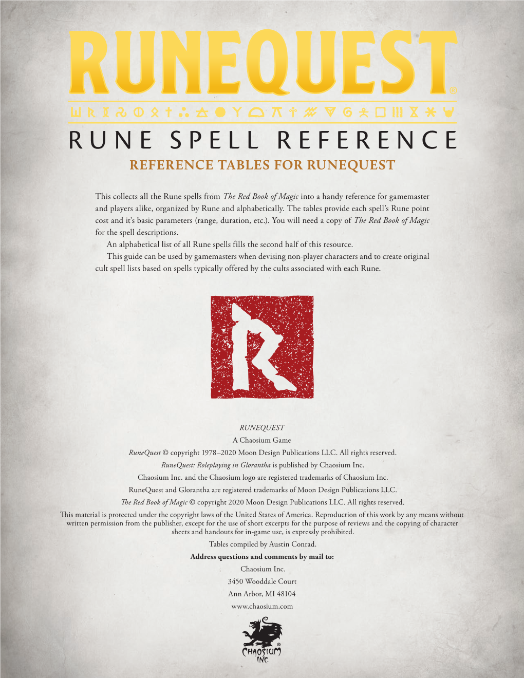 Rune Spell Reference Reference Tables for Runequest