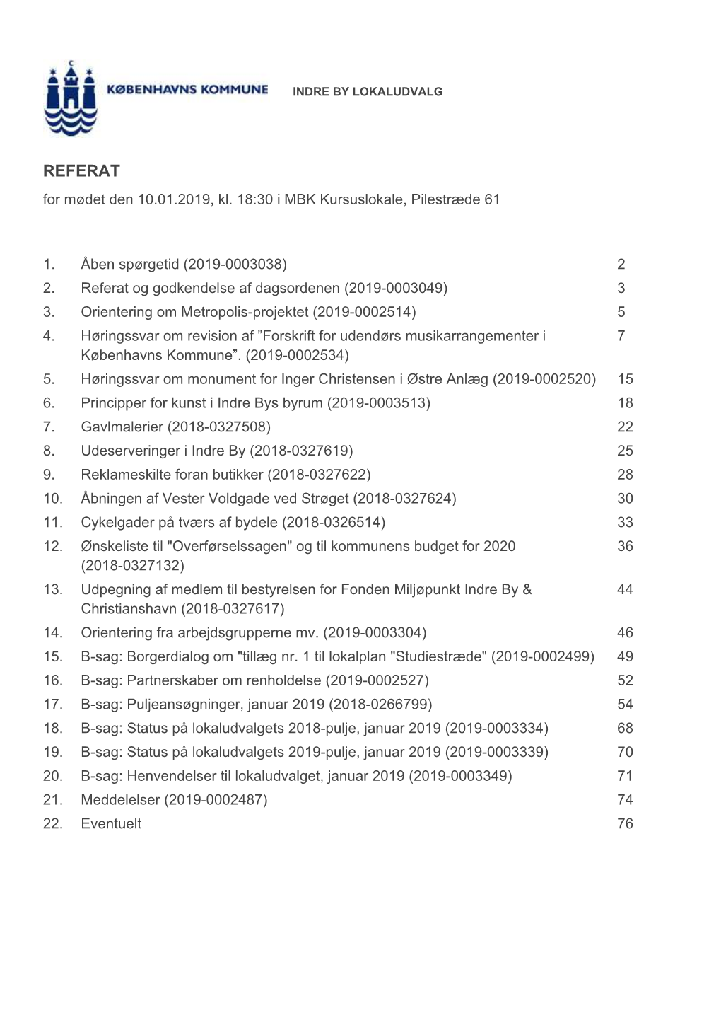 REFERAT for Mødet Den 10.01.2019, Kl