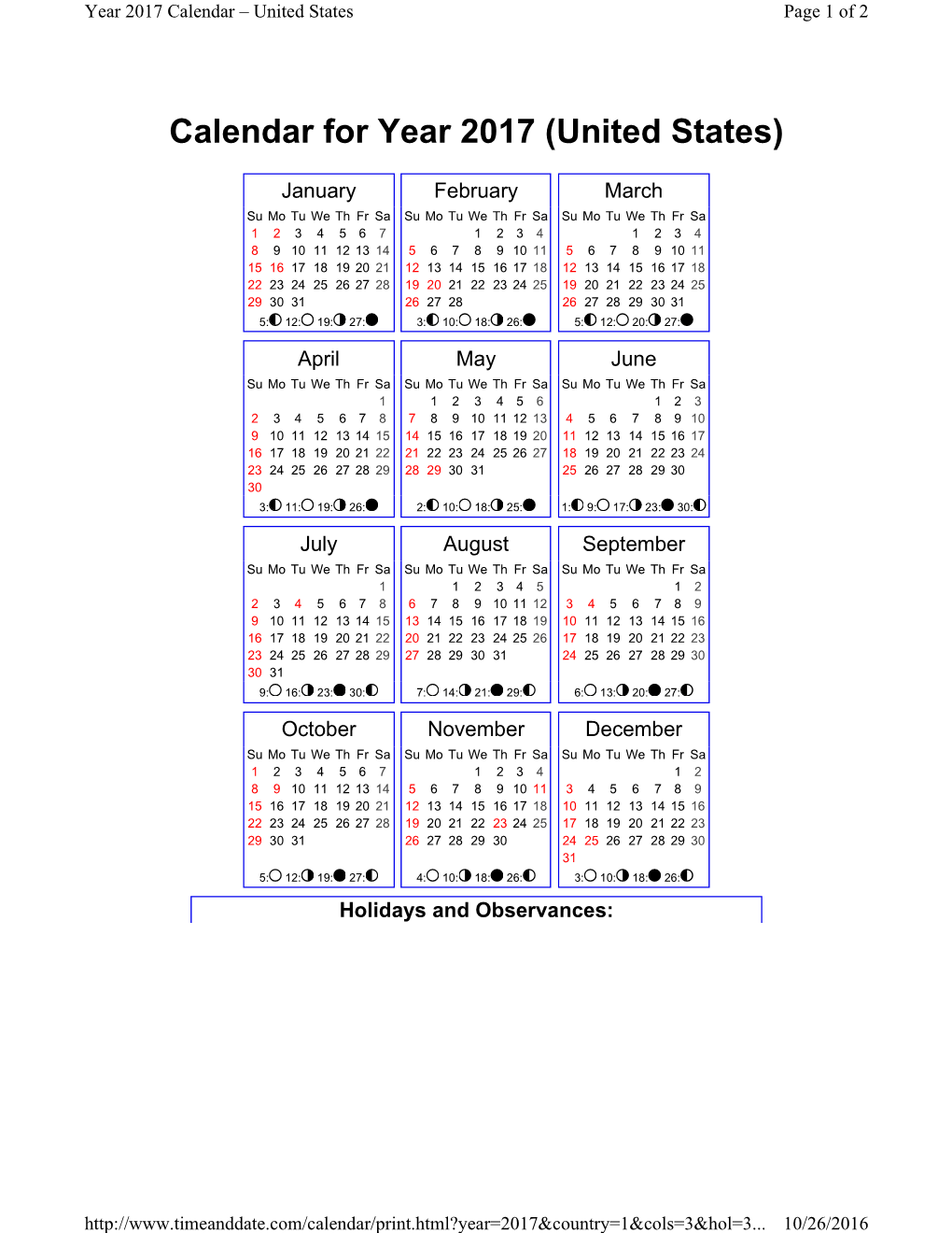 Calendar for Year 2017 (United States)