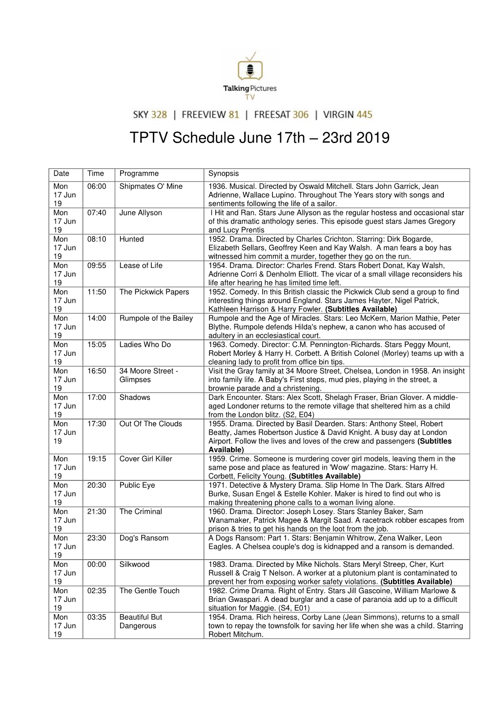 TPTV Schedule June 17Th – 23Rd 2019