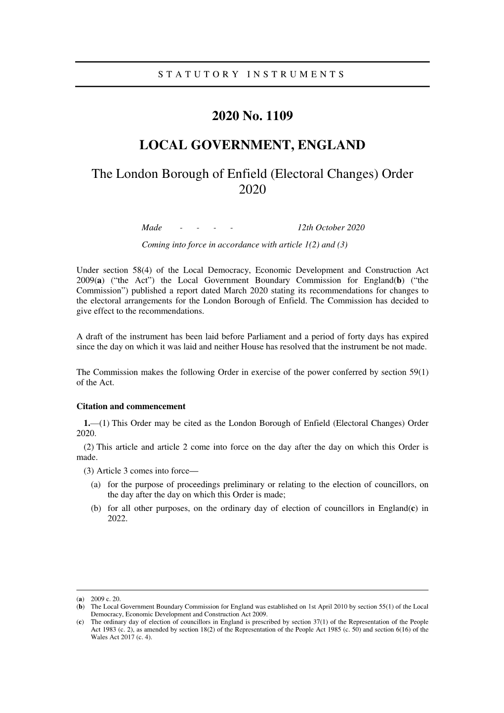 The London Borough of Enfield (Electoral Changes) Order 2020