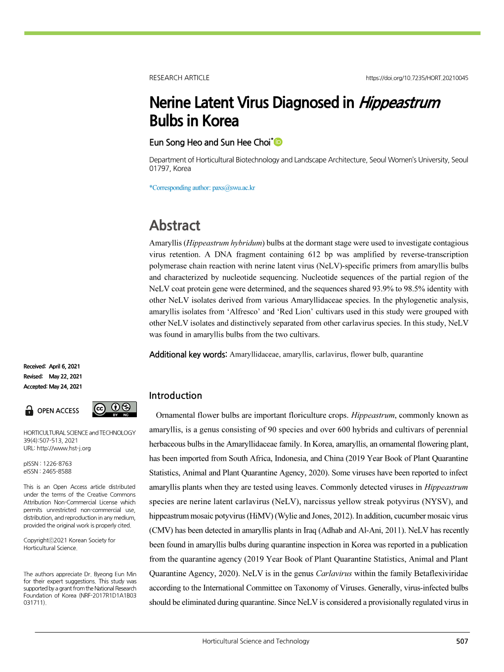 Nerine Latent Virus Diagnosed in Hippeastrum Bulbs in Korea