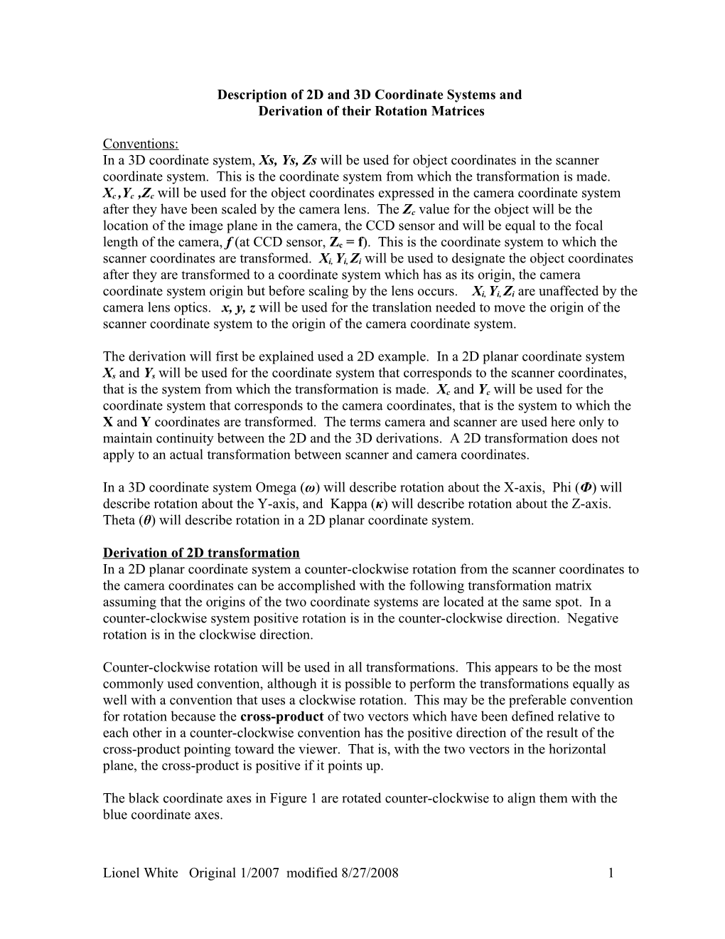 Description of 2D and 3D Coordinate Systems And