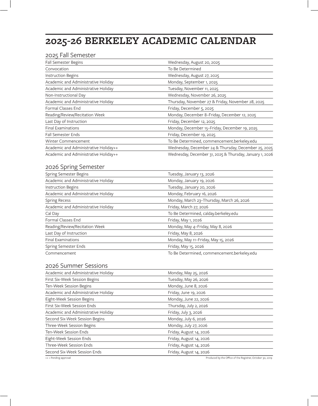 2025-26 Berkeley Academic Calendar